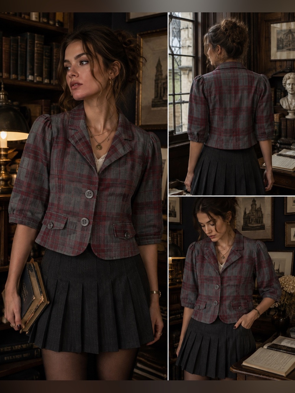 Vintage Y2K FANG Plaid Cropped Blazer Jacket Gray Burgundy Juniors Medium